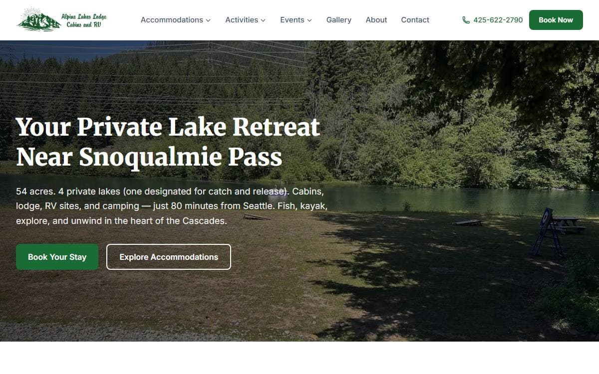 Alpine Lakes Lodge website homepage
